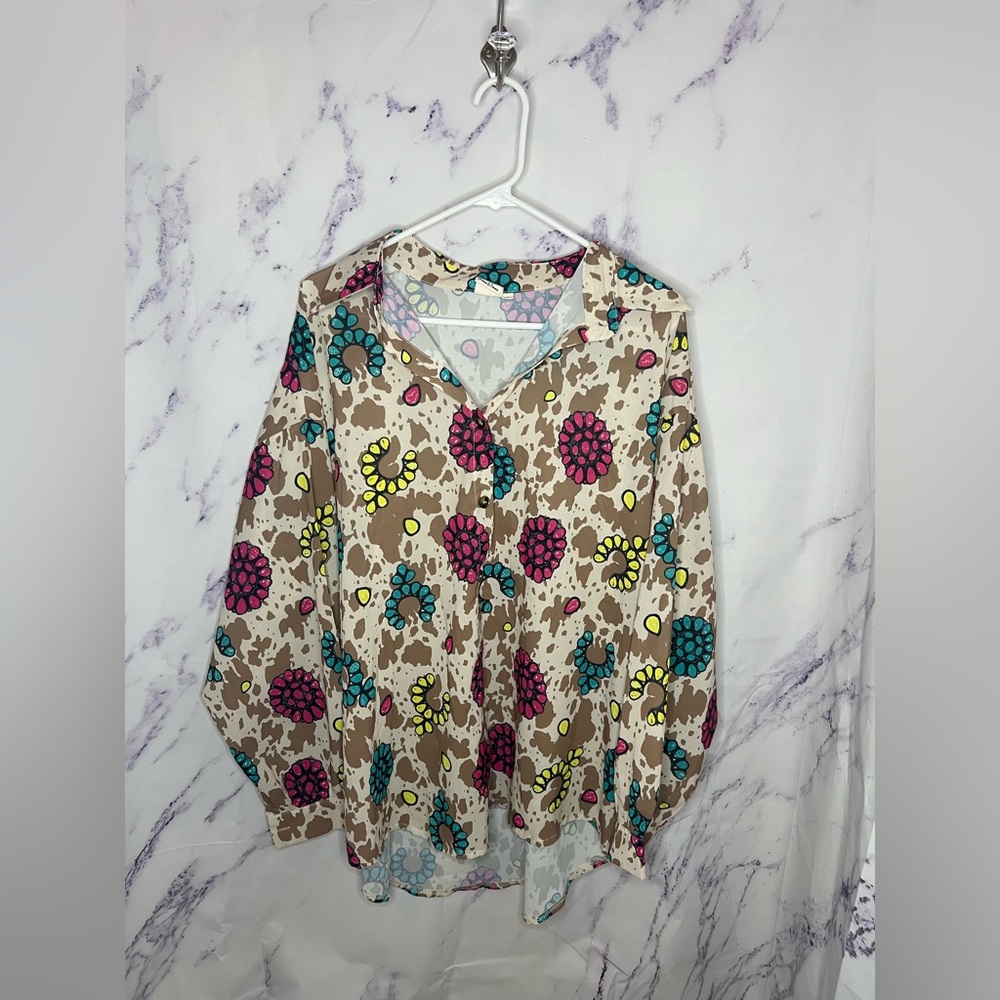 Grace & Emma Women’s Turquoise Print High Low Blouse Sz 3XL